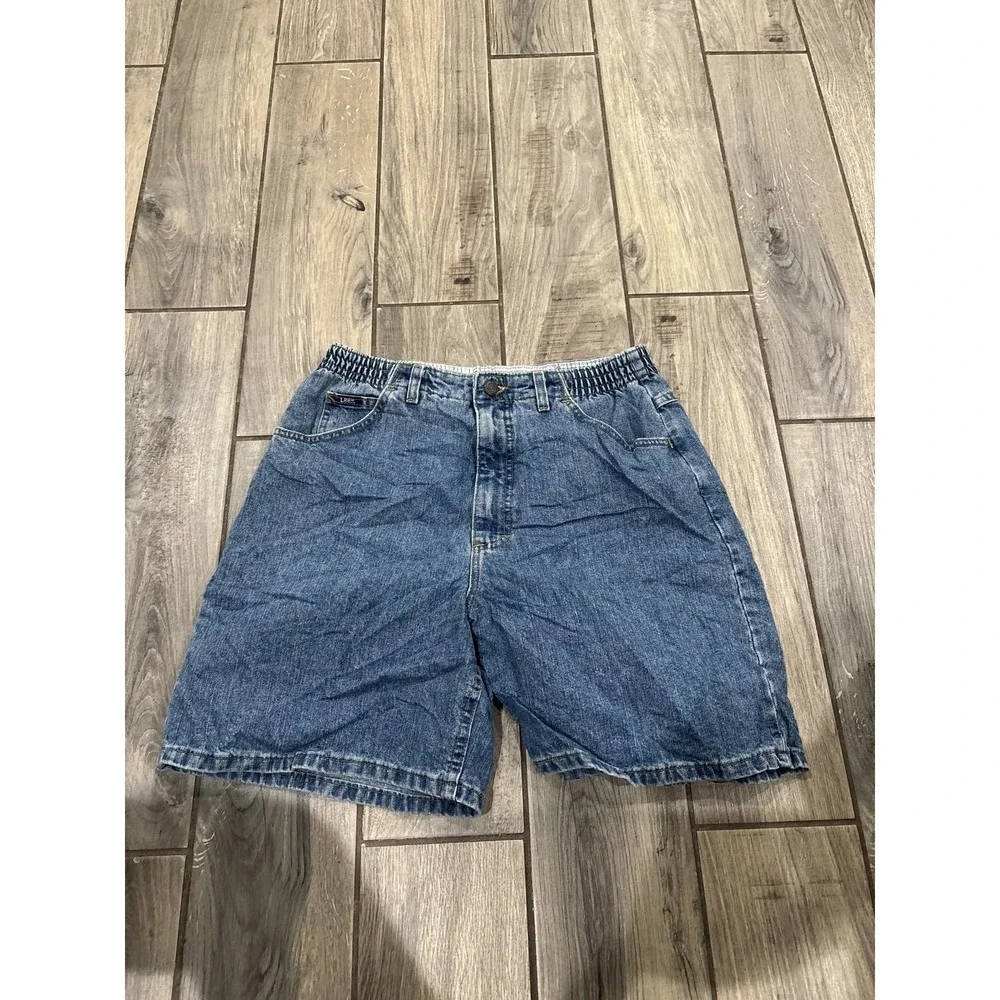 Lee Women's Vintage Medium Wash Denim Shorts Relaxed Fit Elastic Waist Mid Rise